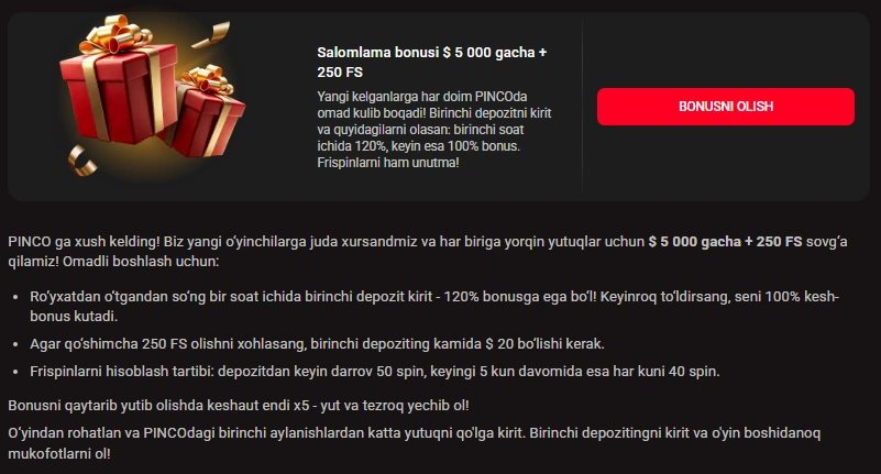 Pinco bet bonus — 250 free spins va ilk depozit bonusi